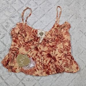 Z&L Top Women's M Beige Red Floral Sleeveless Button Up Ruffle Crop Boho NEW